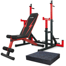 Load image into Gallery viewer, STOZM Combo of 14-Gauge Steel Adjustable Squat Rack, Adjustable Weight Bench & Rubber Flooring 4pcs, 20 x 20 x 1 inch, 11 Sq Ft – High Weight Capacity 770 lbs (Barbell Rack) & 900 lbs (Weight Bench)