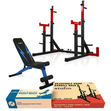 Load image into Gallery viewer, STOZM Combo of Premium Adjustable Barbell Rack / Squat Rack & Deluxe Adjustable Weight Bench with Foldable Design – Multiple Color Options