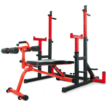 Load image into Gallery viewer, STOZM Combo 14-Gauge Steel Adjustable Squat Barbell Rack & Adjustable Sit Up Bench/Weight Bench – Adjustable Weight Plate Storage, Dip Bar Station, Barbell Holder & T-Bar Row Landmine Support