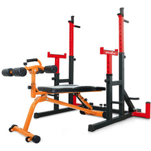 Load image into Gallery viewer, STOZM Combo 14-Gauge Steel Adjustable Squat Barbell Rack & Adjustable Sit Up Bench/Weight Bench – Adjustable Weight Plate Storage, Dip Bar Station, Barbell Holder & T-Bar Row Landmine Support