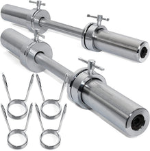 Load image into Gallery viewer, STOZM 20” Olympic Dumbbell Handles – Chrome Dumbbell Weight Lifting Bars with Knurled Grip &amp; Rotating Sleeves Fit 2” Plates – Spring Collars &amp; T-Screw Collars Included, Max Loading 300lbs (Pairs)
