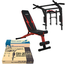 Load image into Gallery viewer, STOZM Combo of Deluxe Pull Up Bar (Black/White) &amp; Multi-Purpose Deluxe Adjustable Weight Bench - Multiple Color Options
