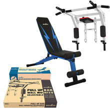 Load image into Gallery viewer, STOZM Combo of Deluxe Pull Up Bar (Black/White) &amp; Multi-Purpose Deluxe Adjustable Weight Bench - Multiple Color Options
