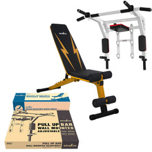 Load image into Gallery viewer, STOZM Combo of Deluxe Pull Up Bar (Black/White) &amp; Multi-Purpose Deluxe Adjustable Weight Bench - Multiple Color Options

