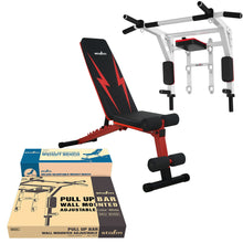 Load image into Gallery viewer, STOZM Combo of Deluxe Pull Up Bar (Black/White) &amp; Multi-Purpose Deluxe Adjustable Weight Bench - Multiple Color Options
