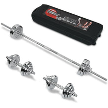 Load image into Gallery viewer, STOZM Dumbbell Set 110lbs Chrome and Paint Coated with Carry Case – Versatile Chrome Dumbbell Set with Barbell, Connector, 20 Weight Plates, 2 Dumbbell Handles &amp; 6 Collars
