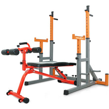 Load image into Gallery viewer, STOZM Combo 14-Gauge Steel Adjustable Squat Barbell Rack &amp; Adjustable Sit Up Bench/Weight Bench – Adjustable Weight Plate Storage, Dip Bar Station, Barbell Holder &amp; T-Bar Row Landmine Support
