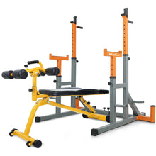 Load image into Gallery viewer, STOZM Combo 14-Gauge Steel Adjustable Squat Barbell Rack &amp; Adjustable Sit Up Bench/Weight Bench – Adjustable Weight Plate Storage, Dip Bar Station, Barbell Holder &amp; T-Bar Row Landmine Support

