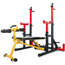 Load image into Gallery viewer, STOZM Combo 14-Gauge Steel Adjustable Squat Barbell Rack &amp; Adjustable Sit Up Bench/Weight Bench – Adjustable Weight Plate Storage, Dip Bar Station, Barbell Holder &amp; T-Bar Row Landmine Support

