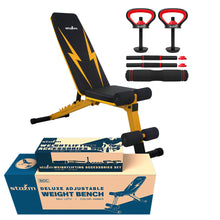 Load image into Gallery viewer, STOZM Deluxe Weight Bench (Crimson/Amber/Cobalt) &amp; Weightlifting Accessories Set (Red/Orange)
